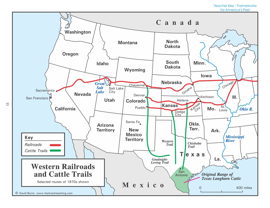 Map - Western Railroads and Cattle Trails - 1870s - Chisholm Trail