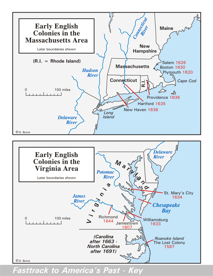 Map - Early English Colonies - Massachusetts Area and Virginia Area