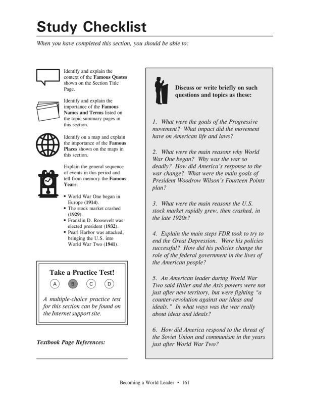 Fasttrack to America's Past - Section 7: Becoming a World Leader  1900 - 1950  Learning Checklist