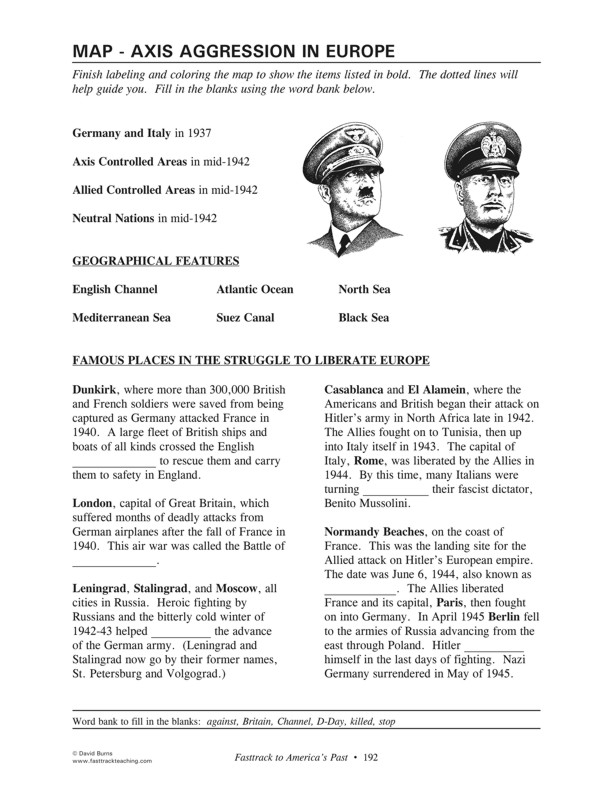 Fasttrack to America's Past - Section 7: Becoming a World Leader  1900 - 1950   Map - Axis Aggression in Europe - directions for completing map